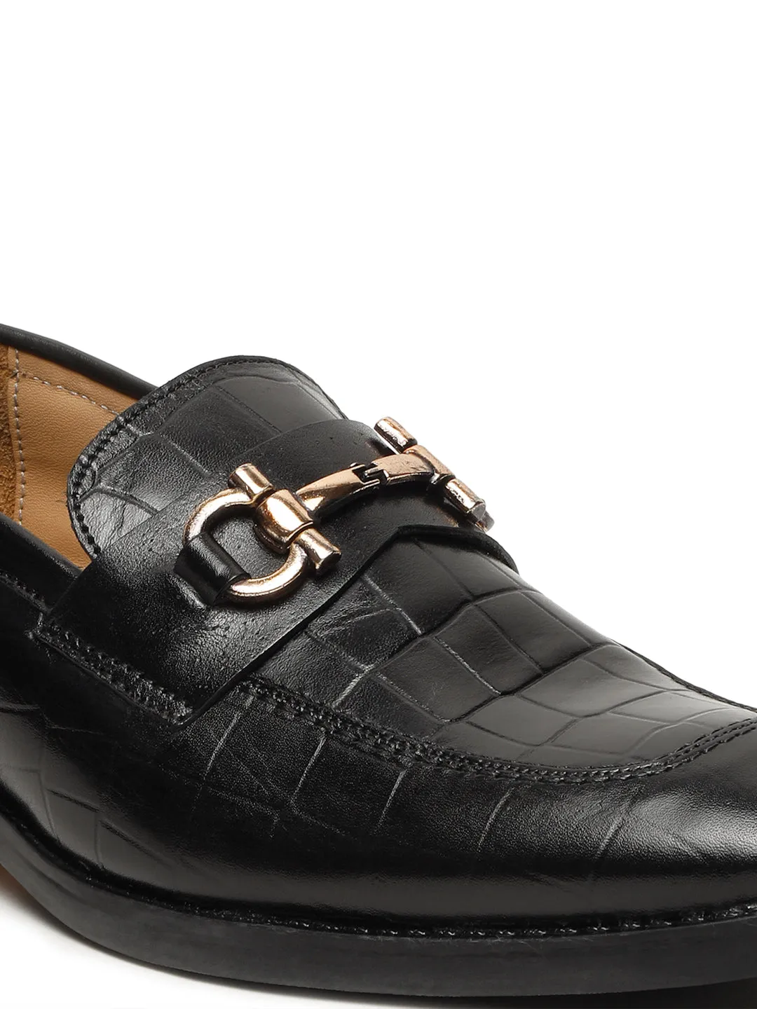 Men's Black Texture Slip-On Loafers With Buckle