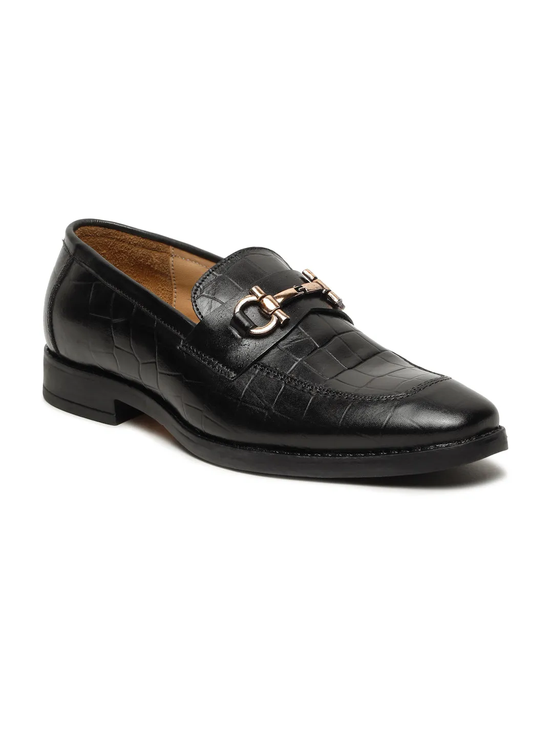 Men's Black Texture Slip-On Loafers With Buckle