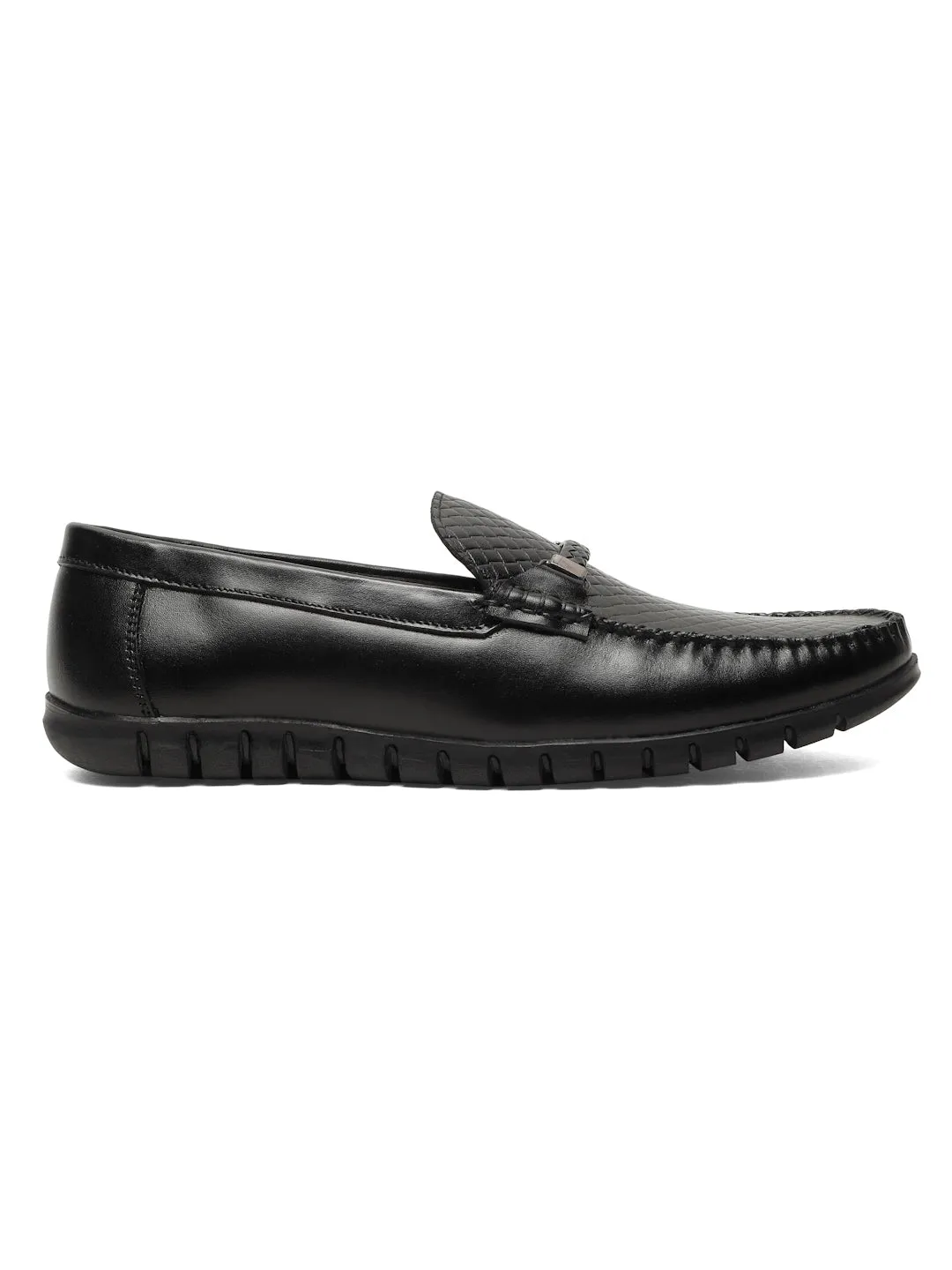 Men's Black Weave Pattern Leather 360 Loafers