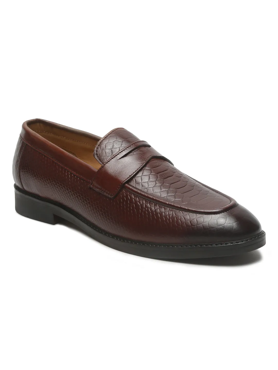 Men's Brown Classy Patterned Texture Leather Loafers