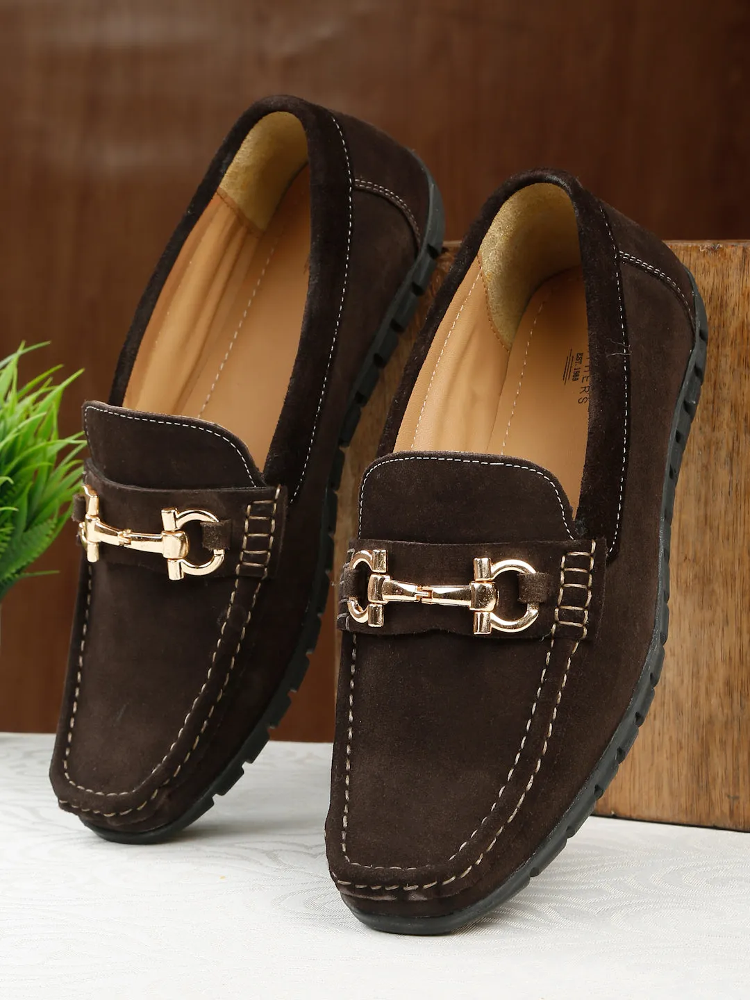 Men's Brown Suede Leather Loafers With Golden Buckle