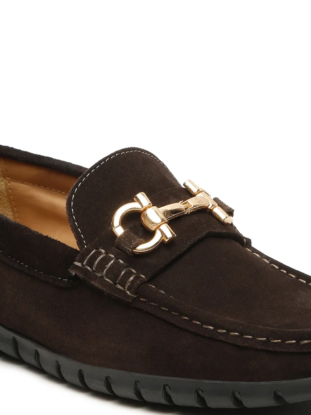 Men's Brown Suede Leather Loafers With Golden Buckle