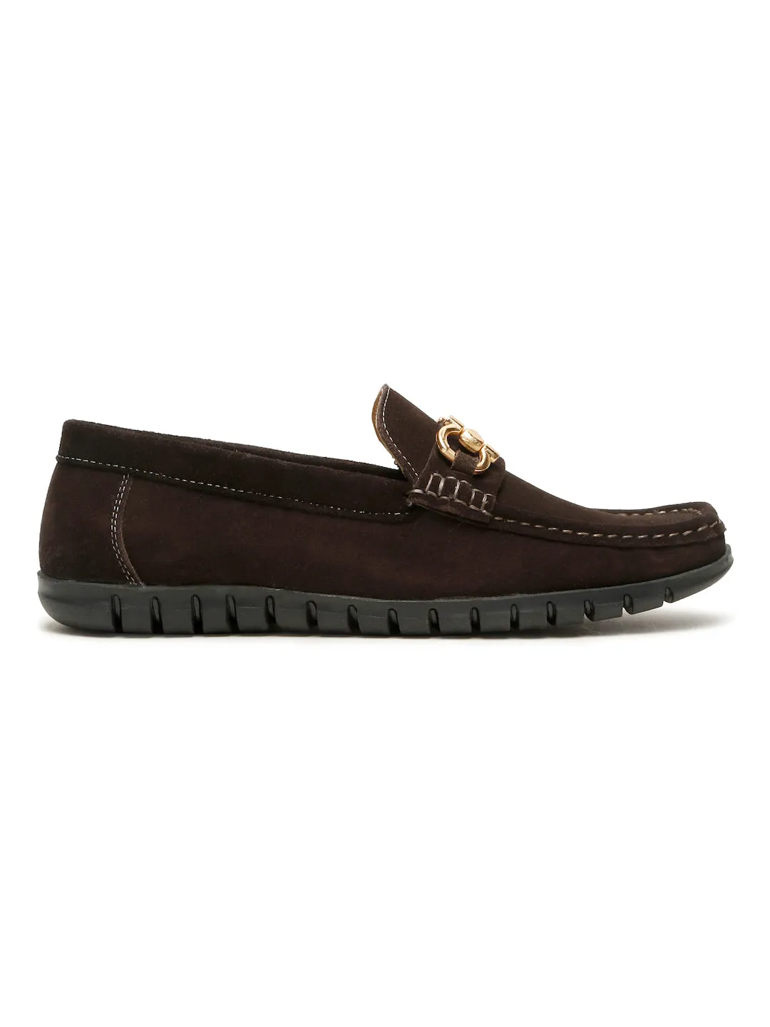 Men's Brown Suede Leather Loafers With Golden Buckle