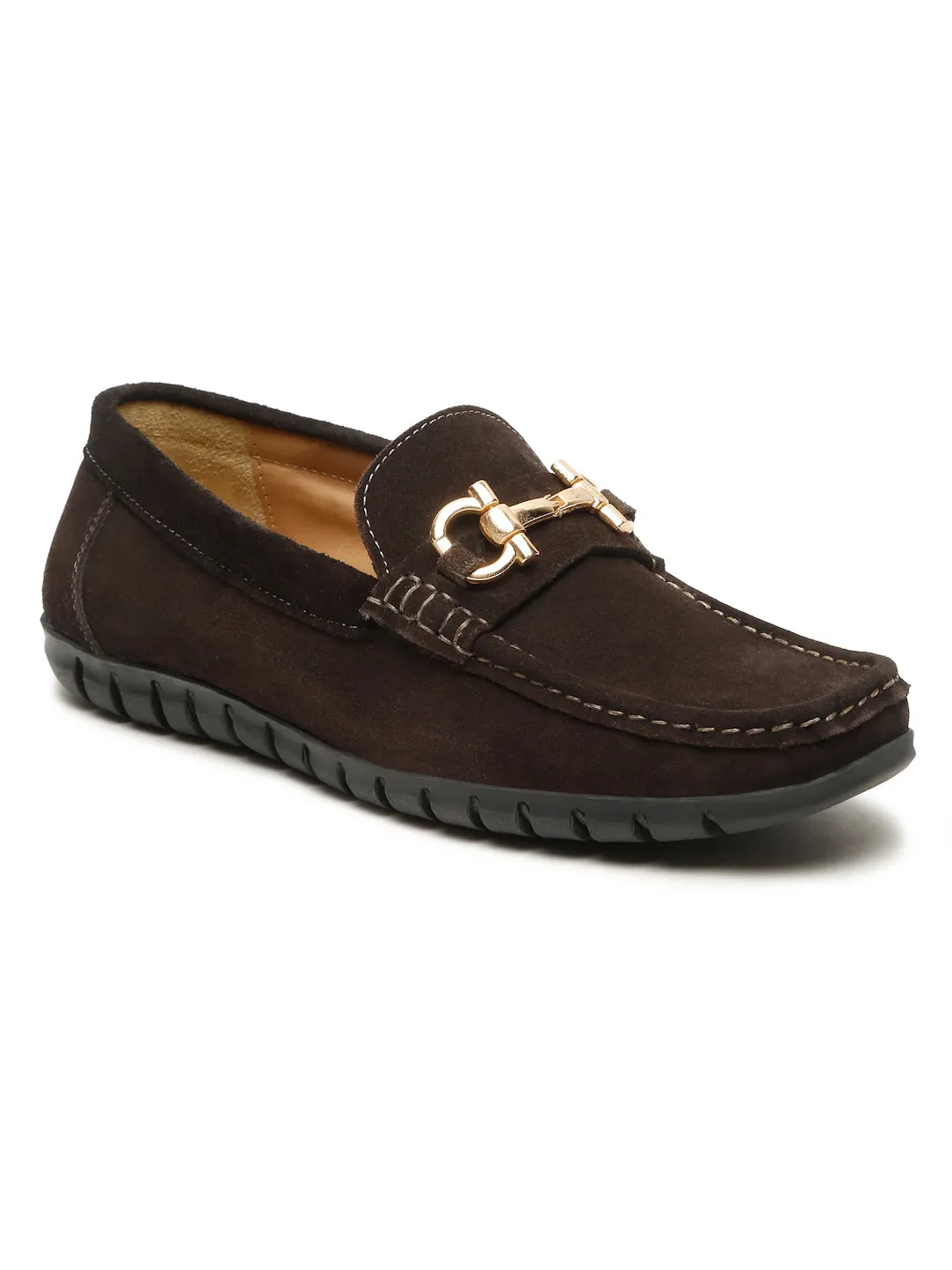 Men's Brown Suede Leather Loafers With Golden Buckle