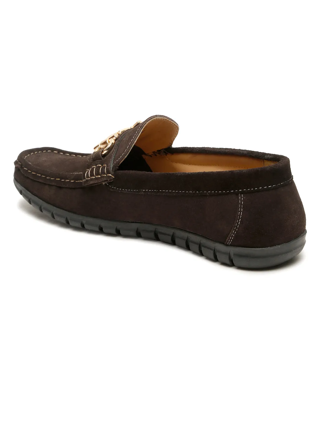 Men's Brown Suede Leather Loafers With Golden Buckle