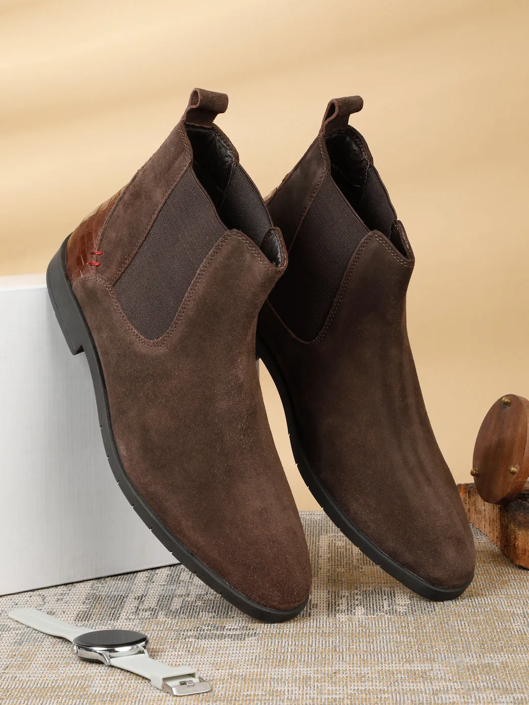 Men's Brown Suede Leather Mid-Top Chelsea Boots