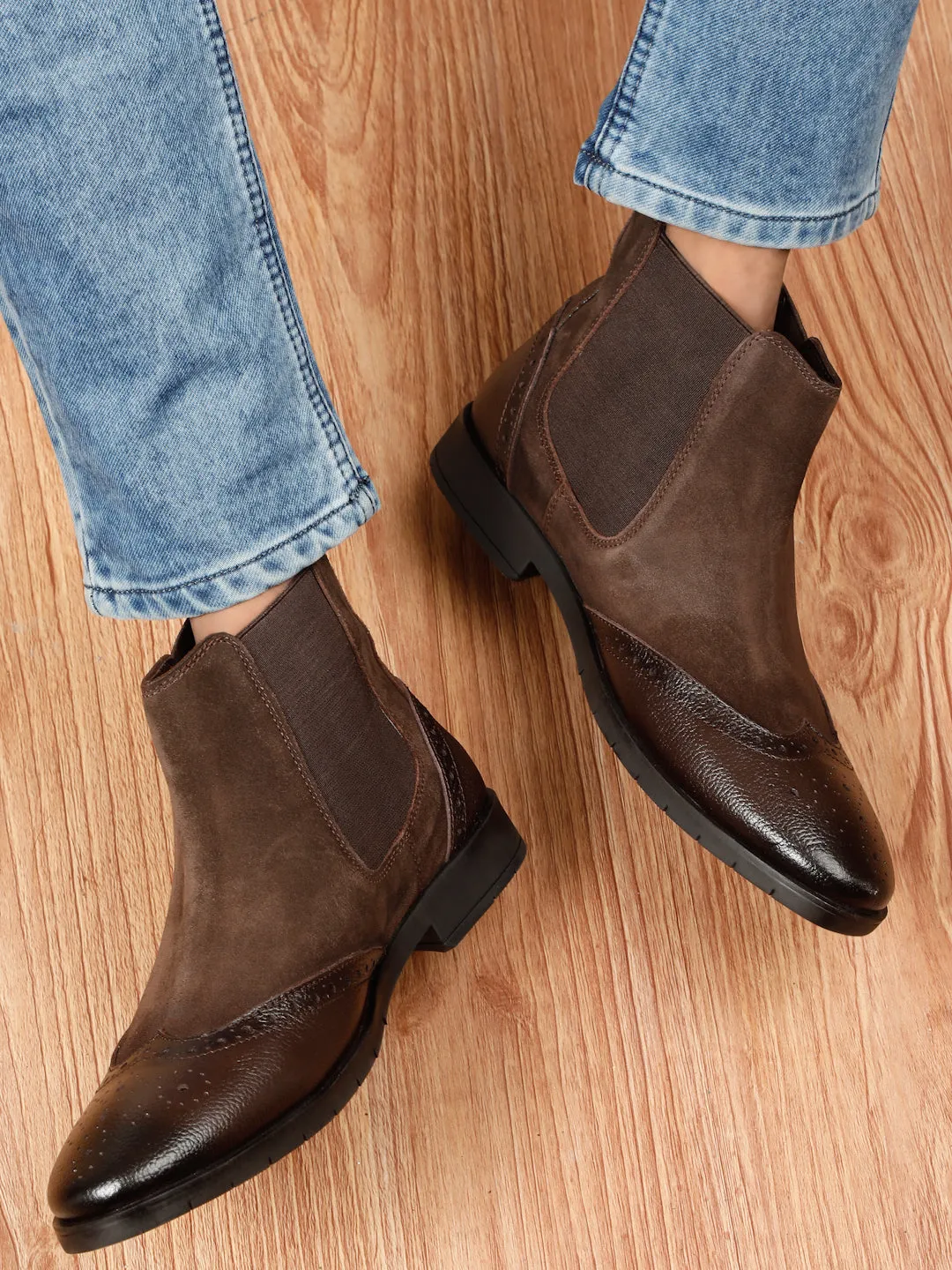 Men's Brown Suede Leather with laser cut Mid-Top Chelsea Boots