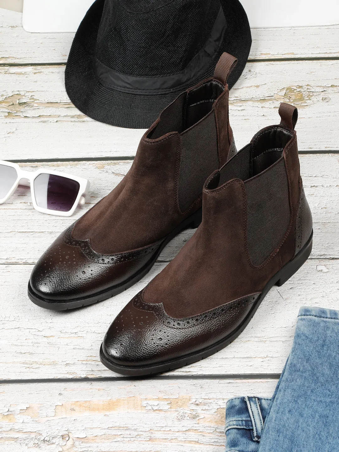 Men's Brown Suede Leather with laser cut Mid-Top Chelsea Boots