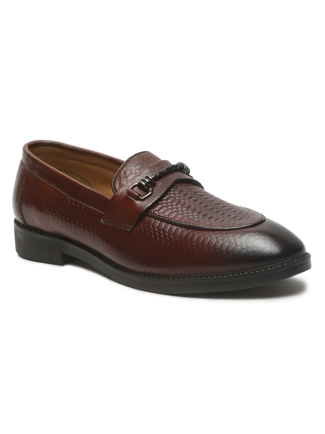 Men's Brown Texture Patterned Leather Loafers