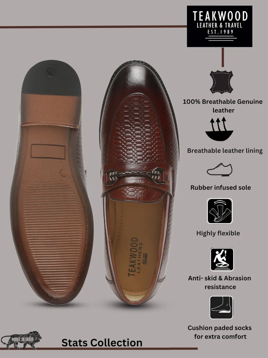 Men's Brown Texture Patterned Leather Loafers