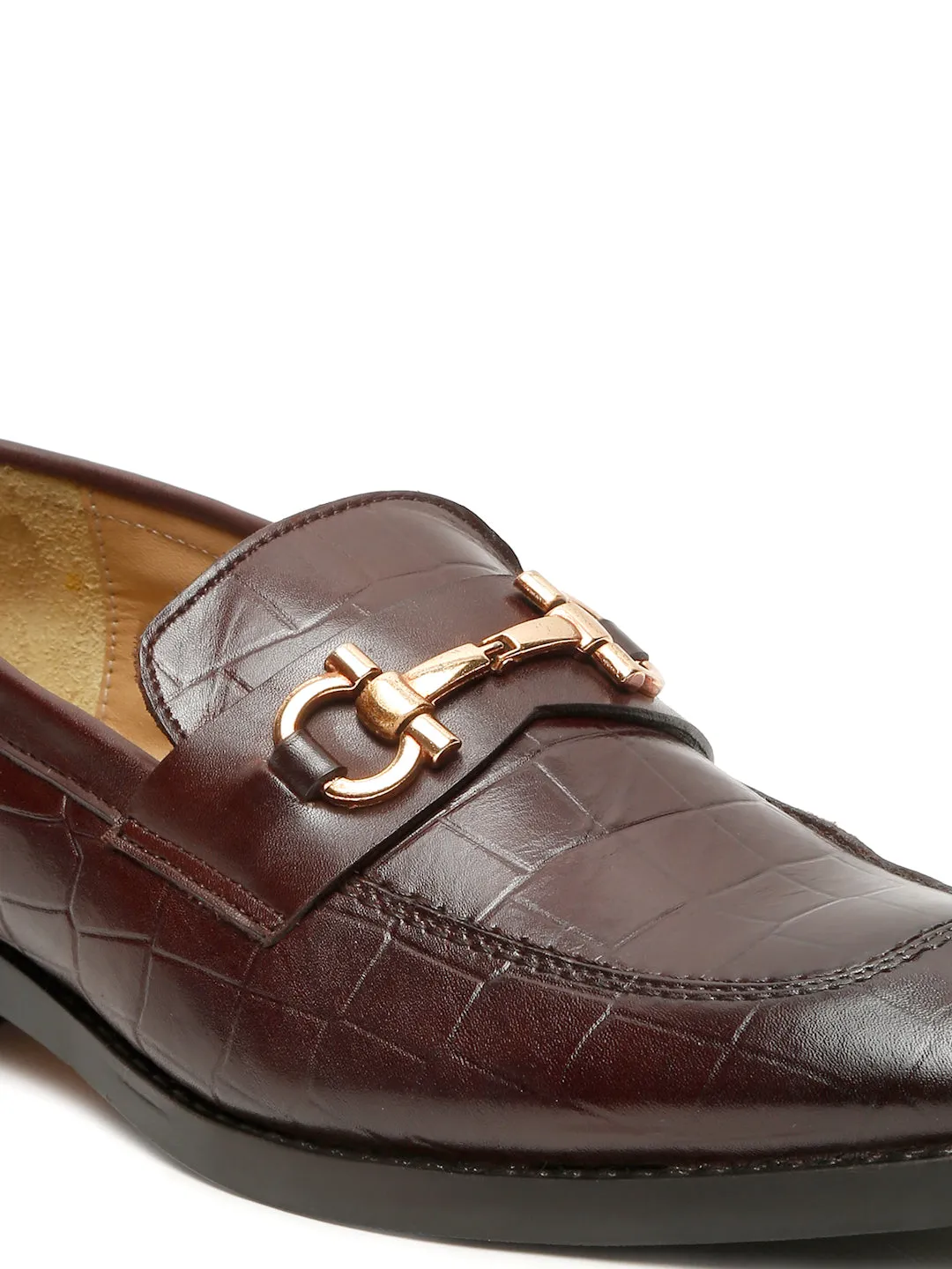 Men's Brown Texture Slip-On Loafers With Buckle