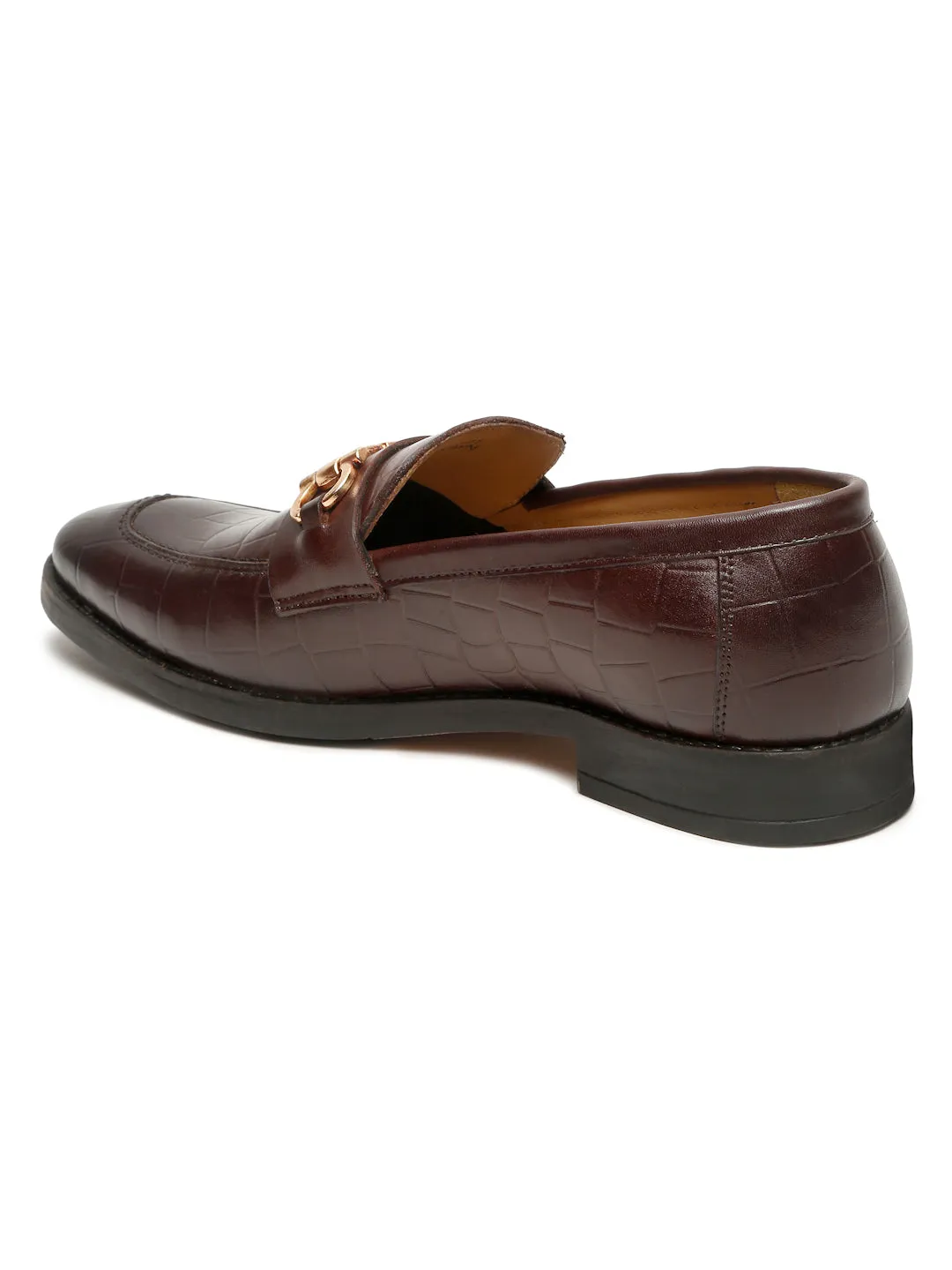 Men's Brown Texture Slip-On Loafers With Buckle