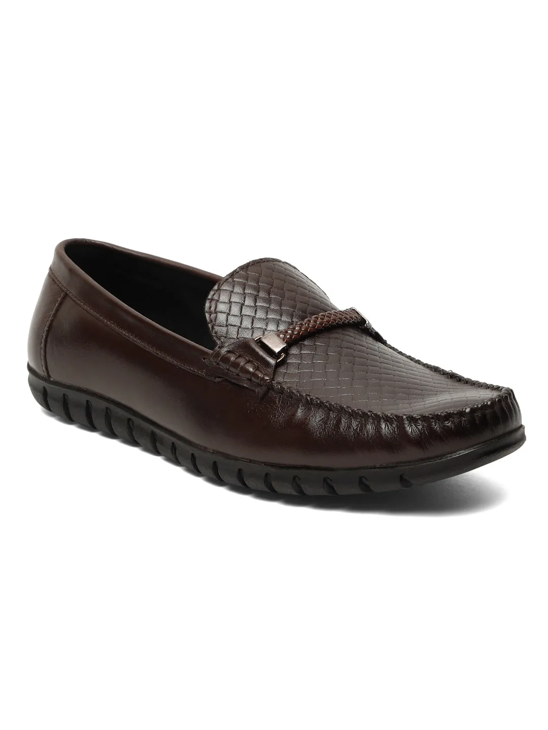 Men's Brown Weave Pattern Leather 360 Loafers