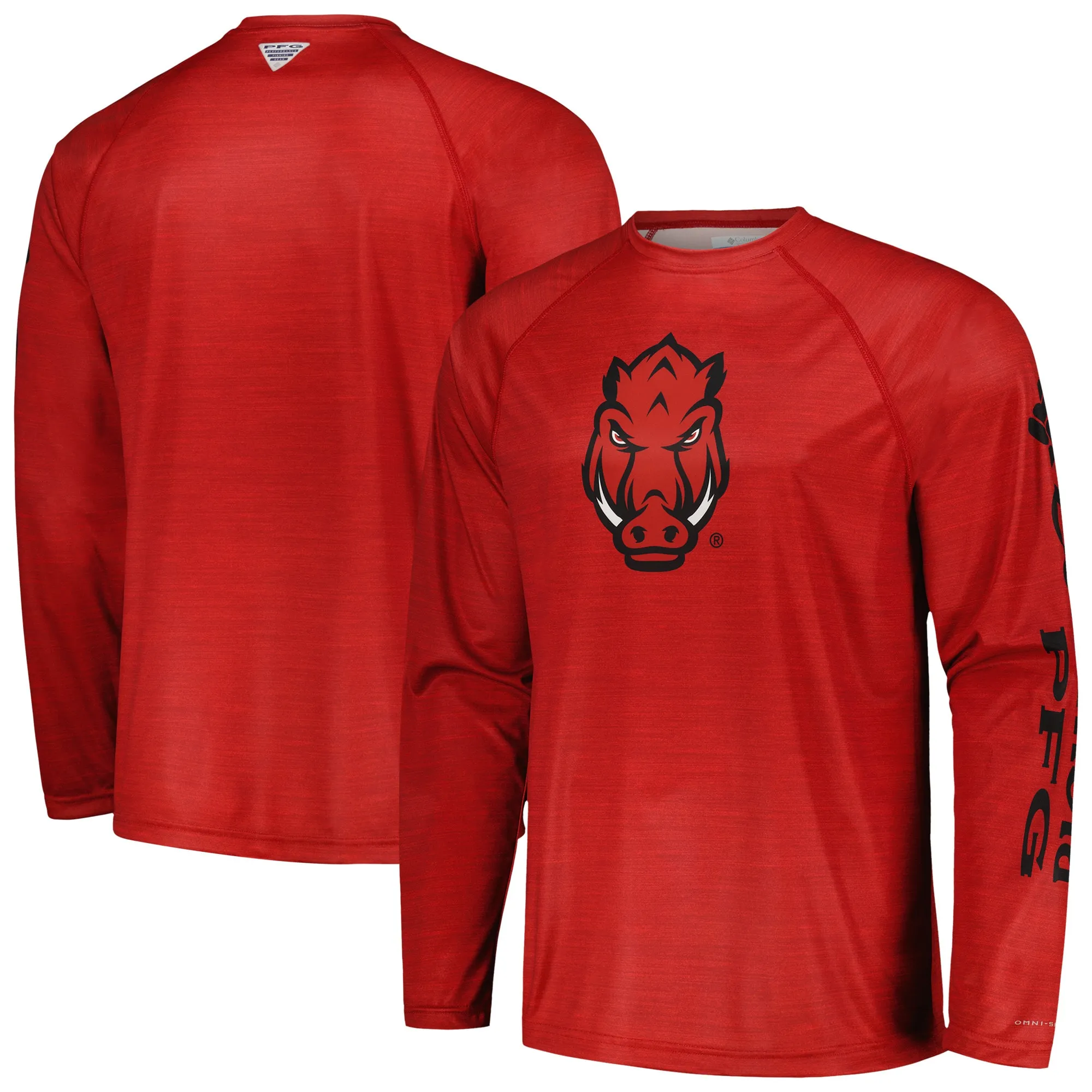 Men's Columbia  Cardinal Arkansas Razorbacks PFG Terminal Tackle Omni-Shade Raglan Long Sleeve T-Shirt