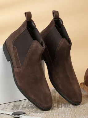 Men's Dark Brown Suede Leather Mid-Top Chelsea Boots