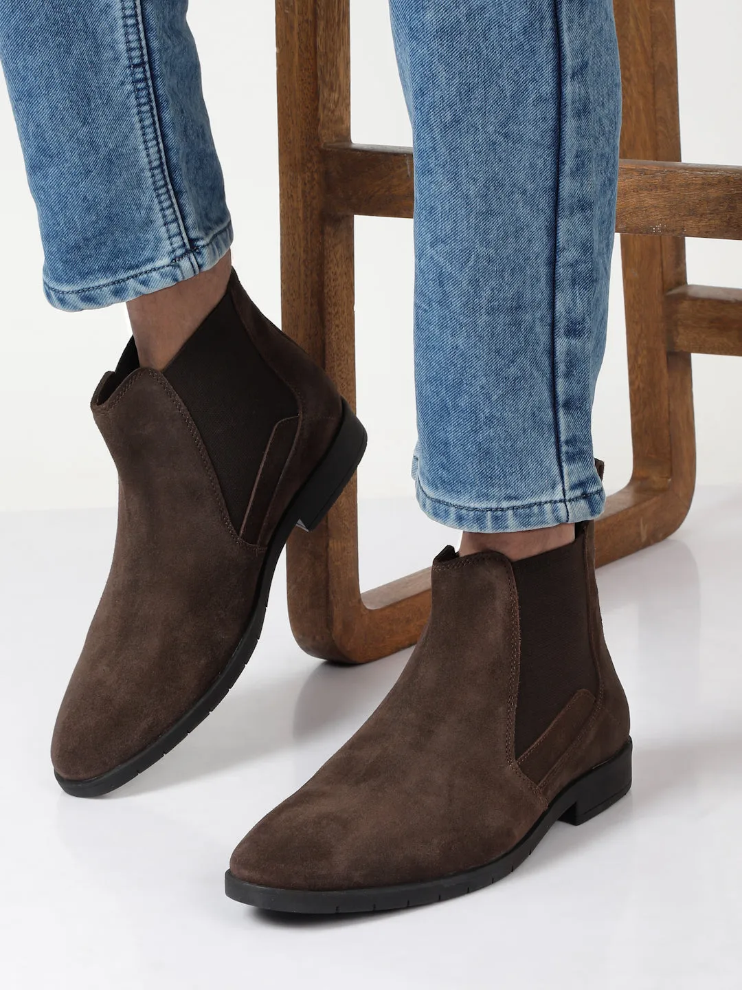 Men's Dark Brown Suede Leather Mid-Top Chelsea Boots