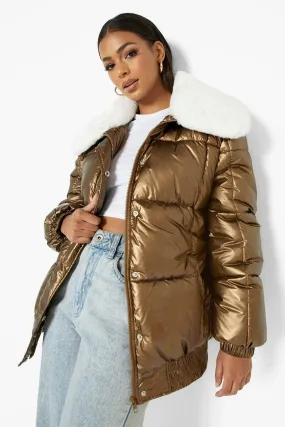 Metallic Faux Fur Trim Puffer Jacket