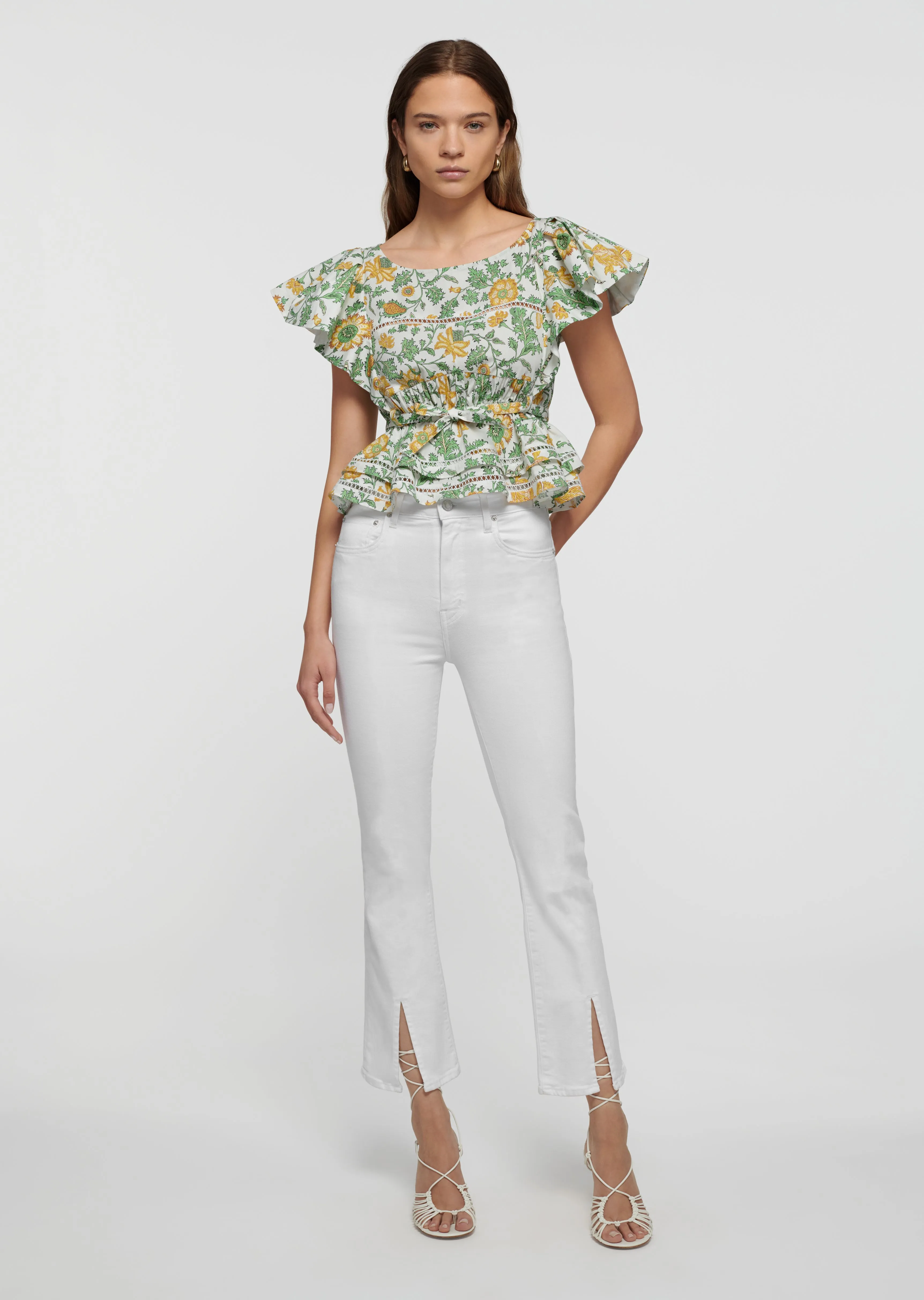 Mira Front Slit Crop Flare Jeans - White