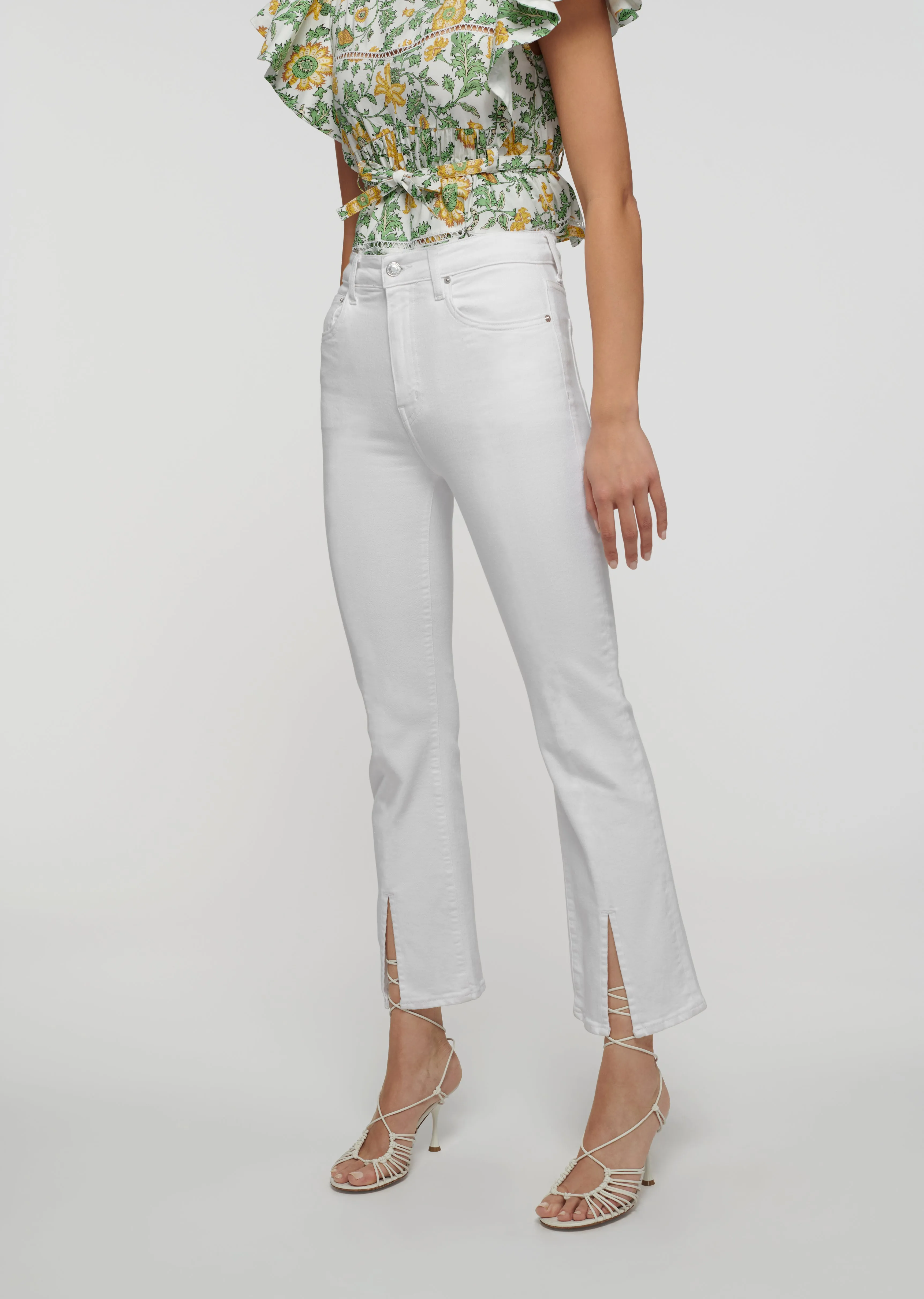 Mira Front Slit Crop Flare Jeans - White