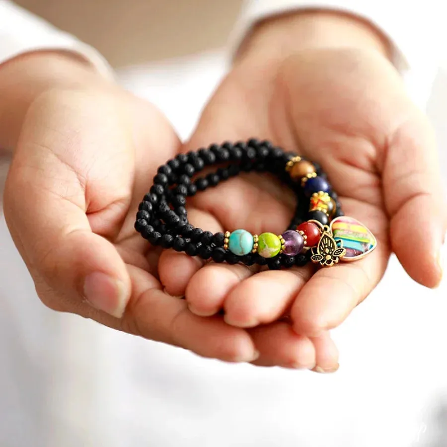 Natural Black Lava Stone & Chakra Heart Bead Bracelet