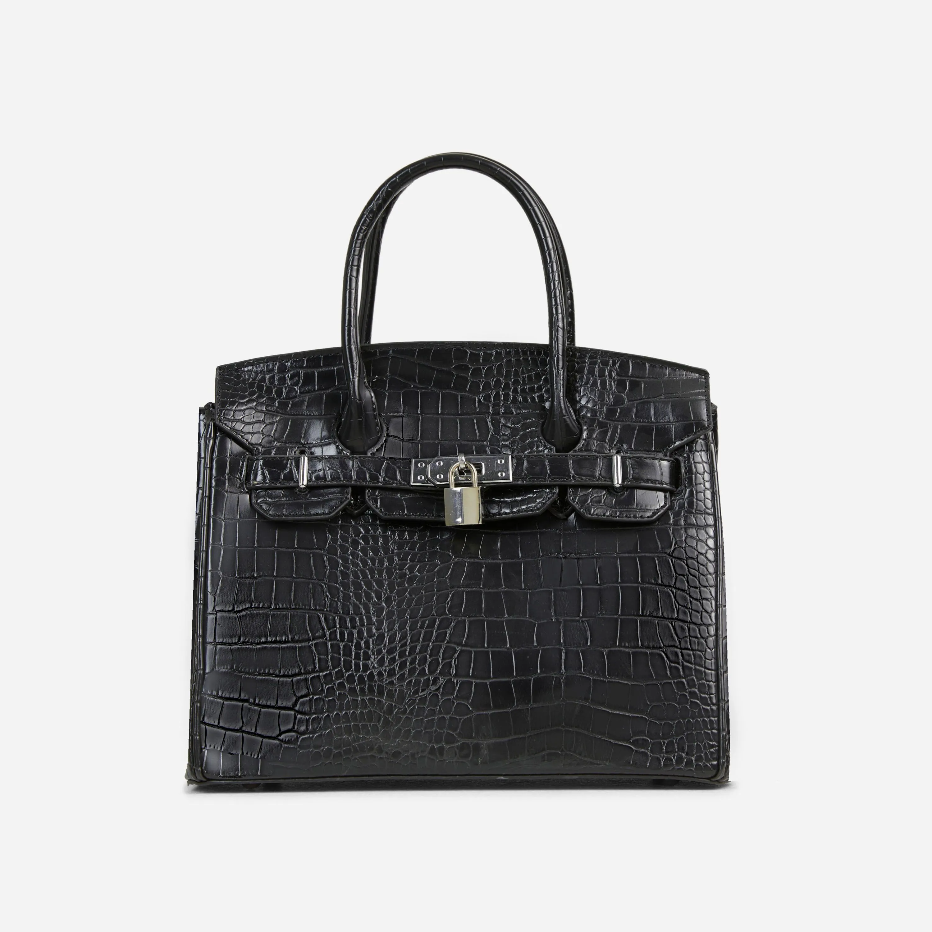 Oak Padlock Detail Top Handle Tote Shopper Bag In Black Croc Print Faux Leather