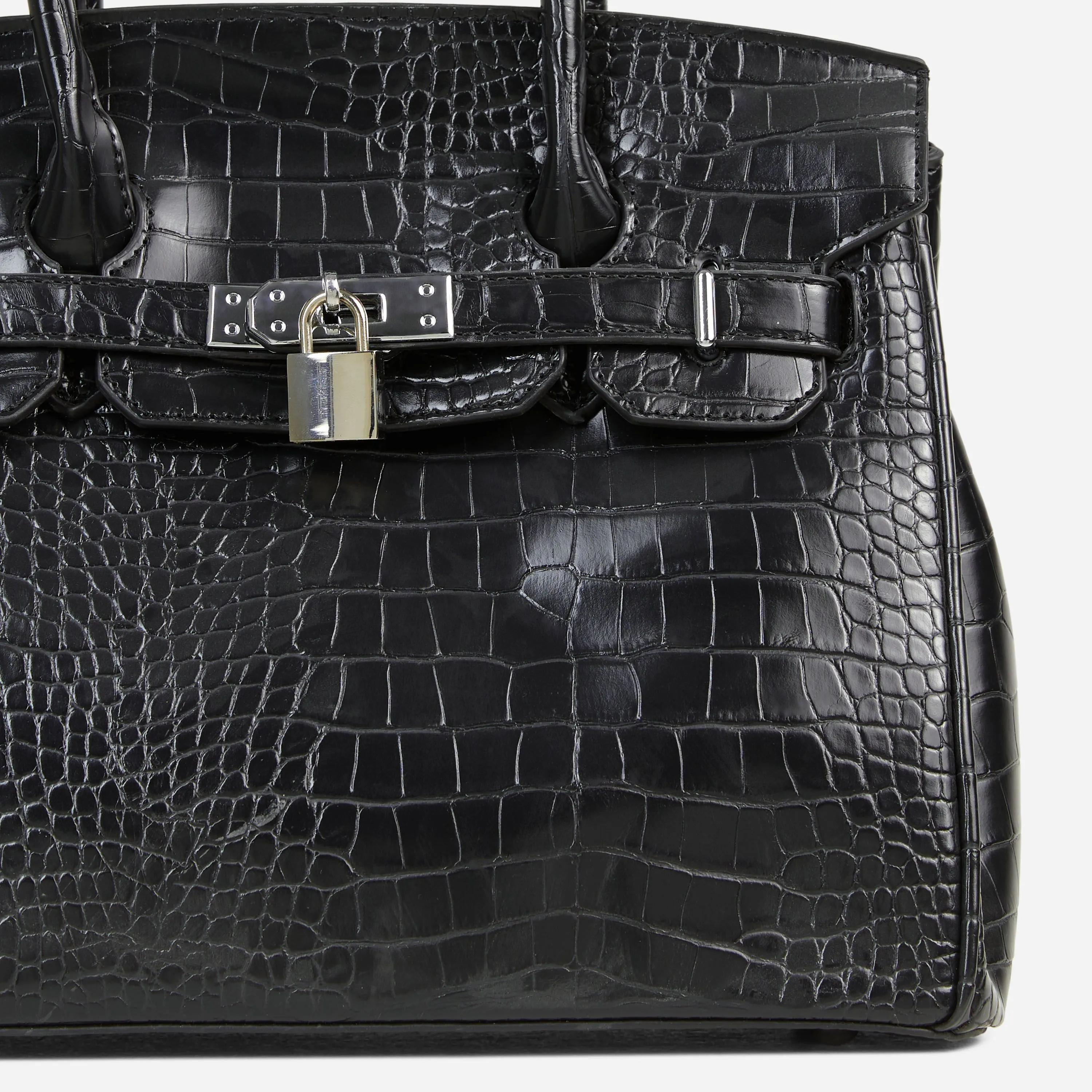 Oak Padlock Detail Top Handle Tote Shopper Bag In Black Croc Print Faux Leather