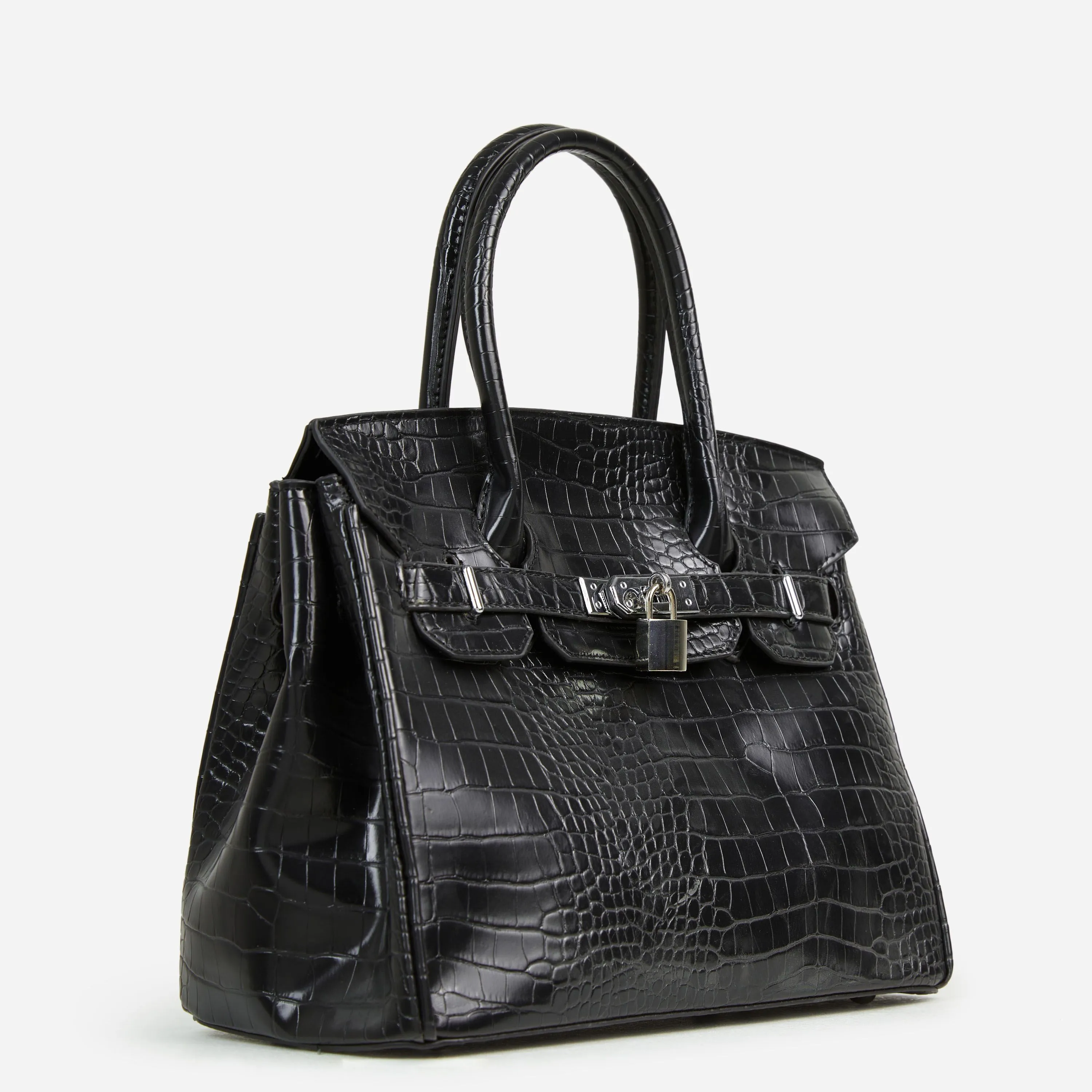 Oak Padlock Detail Top Handle Tote Shopper Bag In Black Croc Print Faux Leather