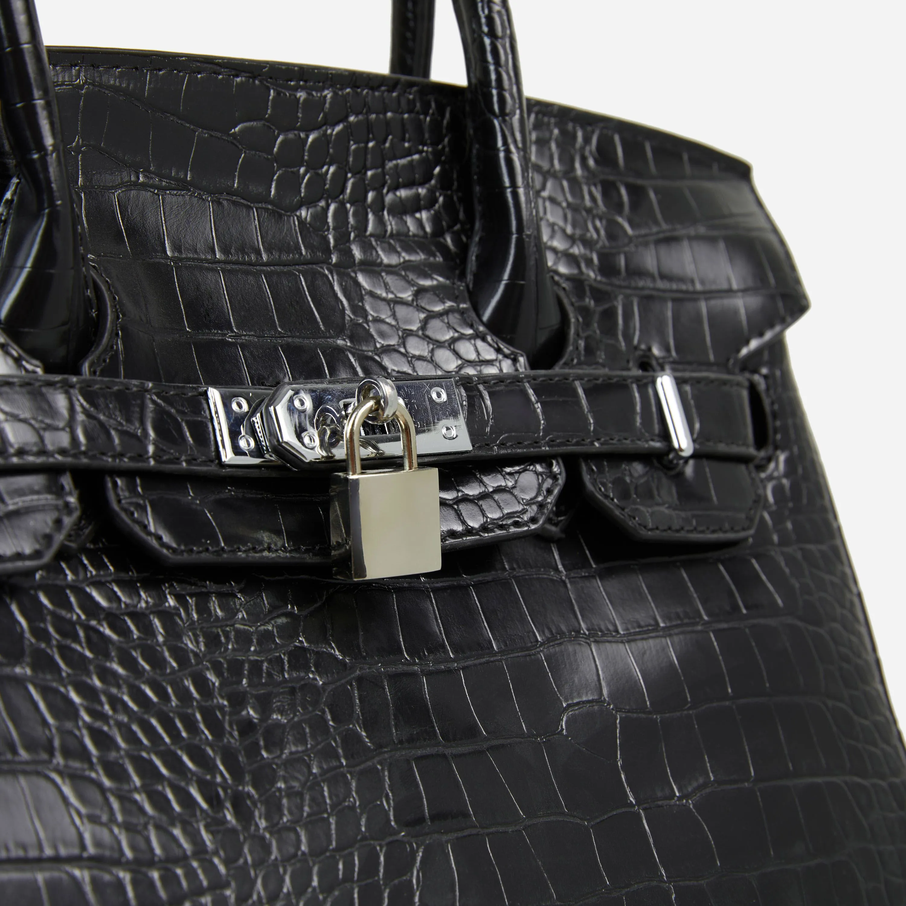 Oak Padlock Detail Top Handle Tote Shopper Bag In Black Croc Print Faux Leather