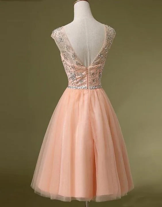 Pearl Pink Short Cute Homecoming Dress, A Line Rhinestone Prom Dress, Party Dress