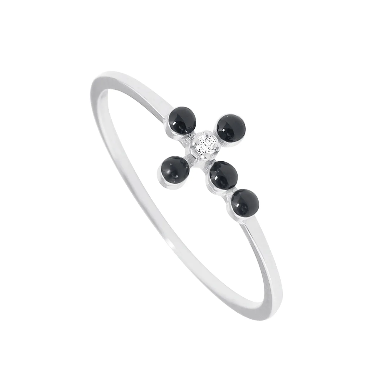 Pearled Cross Diamond Black Ring, White Gold, Size 5.25