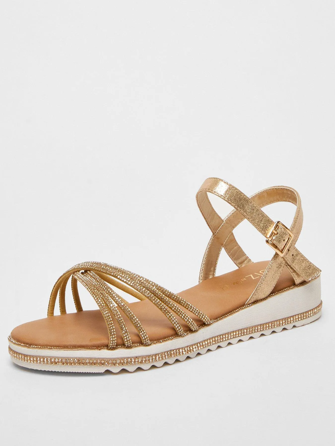 Quiz Wide Fit Gold Diamante Strap Sandals