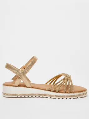 Quiz Wide Fit Gold Diamante Strap Sandals