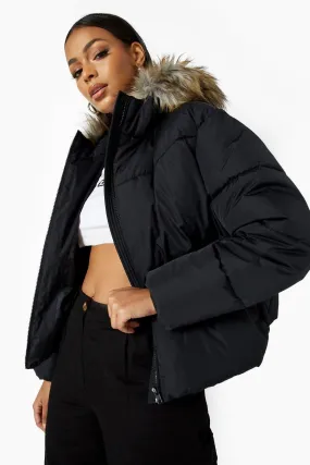 Recycled Faux Fur Trim Hooded Puffer Jacket