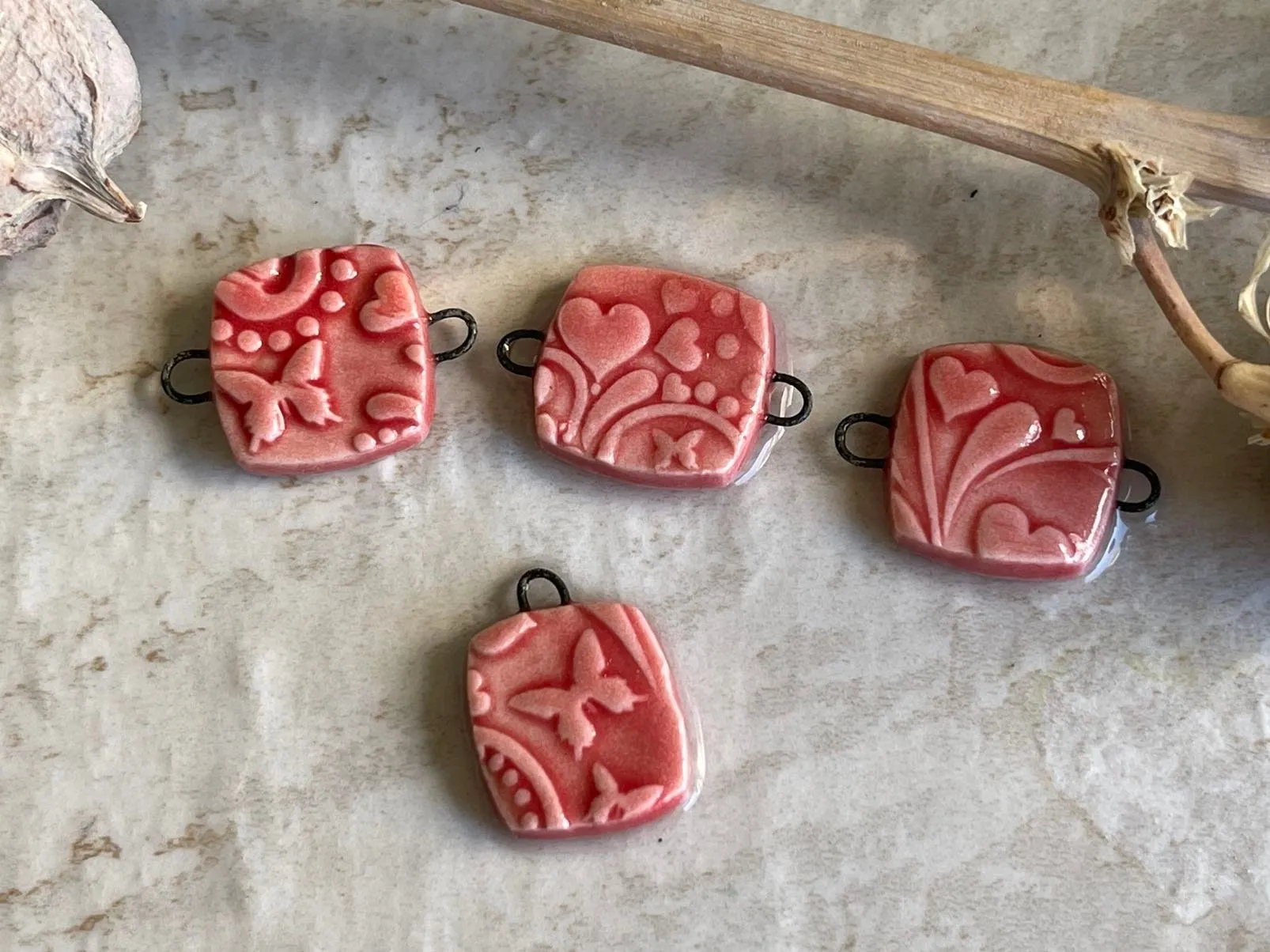 Red Bead Set, Porcelain Beads, Hearts and Butterflies Bead Set, Ceramic Charms, Jewelry Making Components, DIY Bracelet