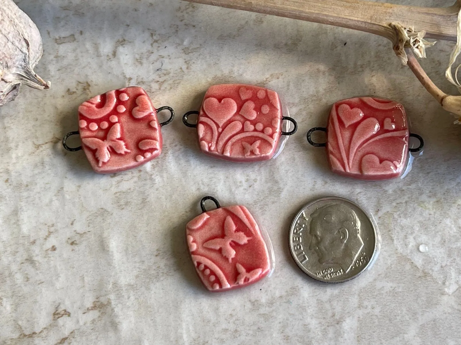 Red Bead Set, Porcelain Beads, Hearts and Butterflies Bead Set, Ceramic Charms, Jewelry Making Components, DIY Bracelet