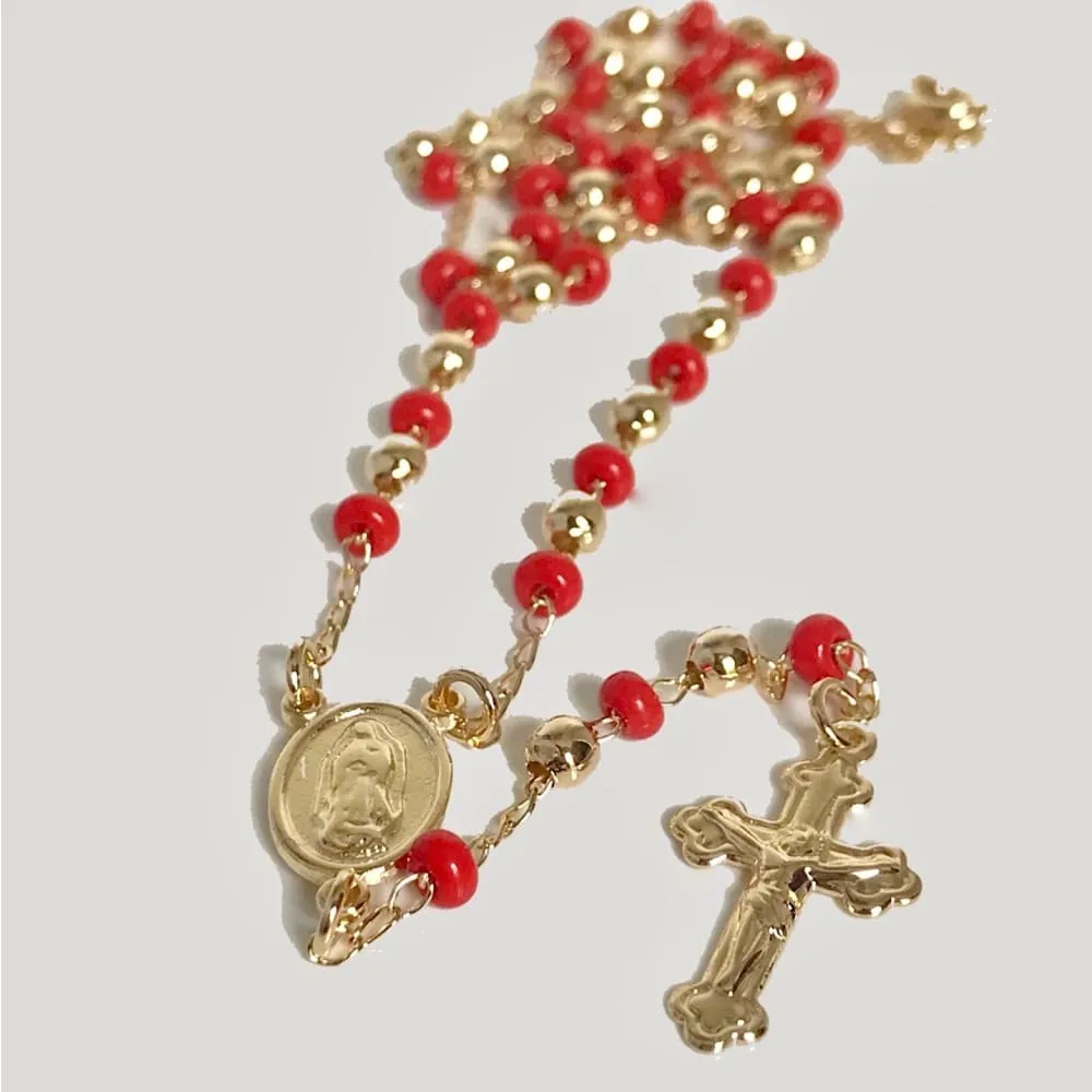 Red beads 3mm beads rosary 18kts of gold plated