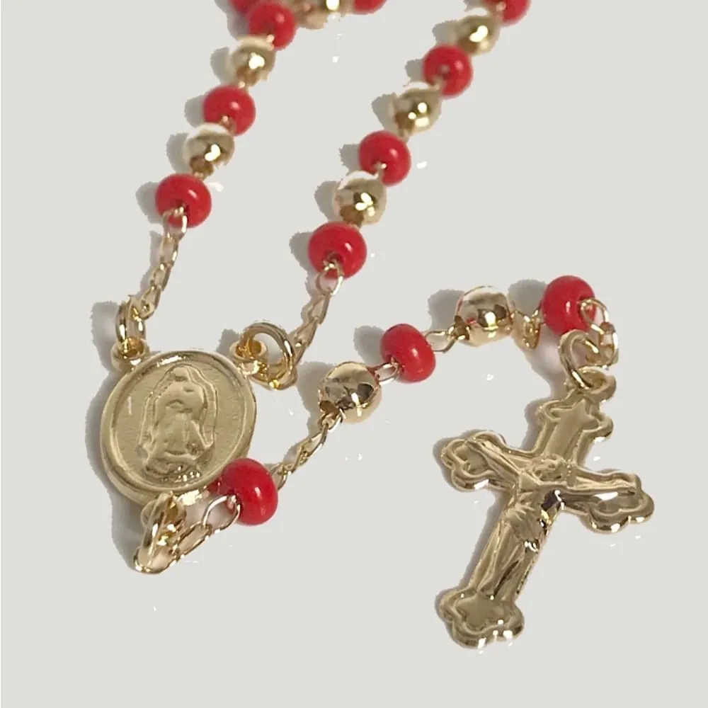 Red beads 3mm beads rosary 18kts of gold plated