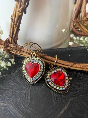 Red heart crystals, valentine’s Day, bronze metal, earrings