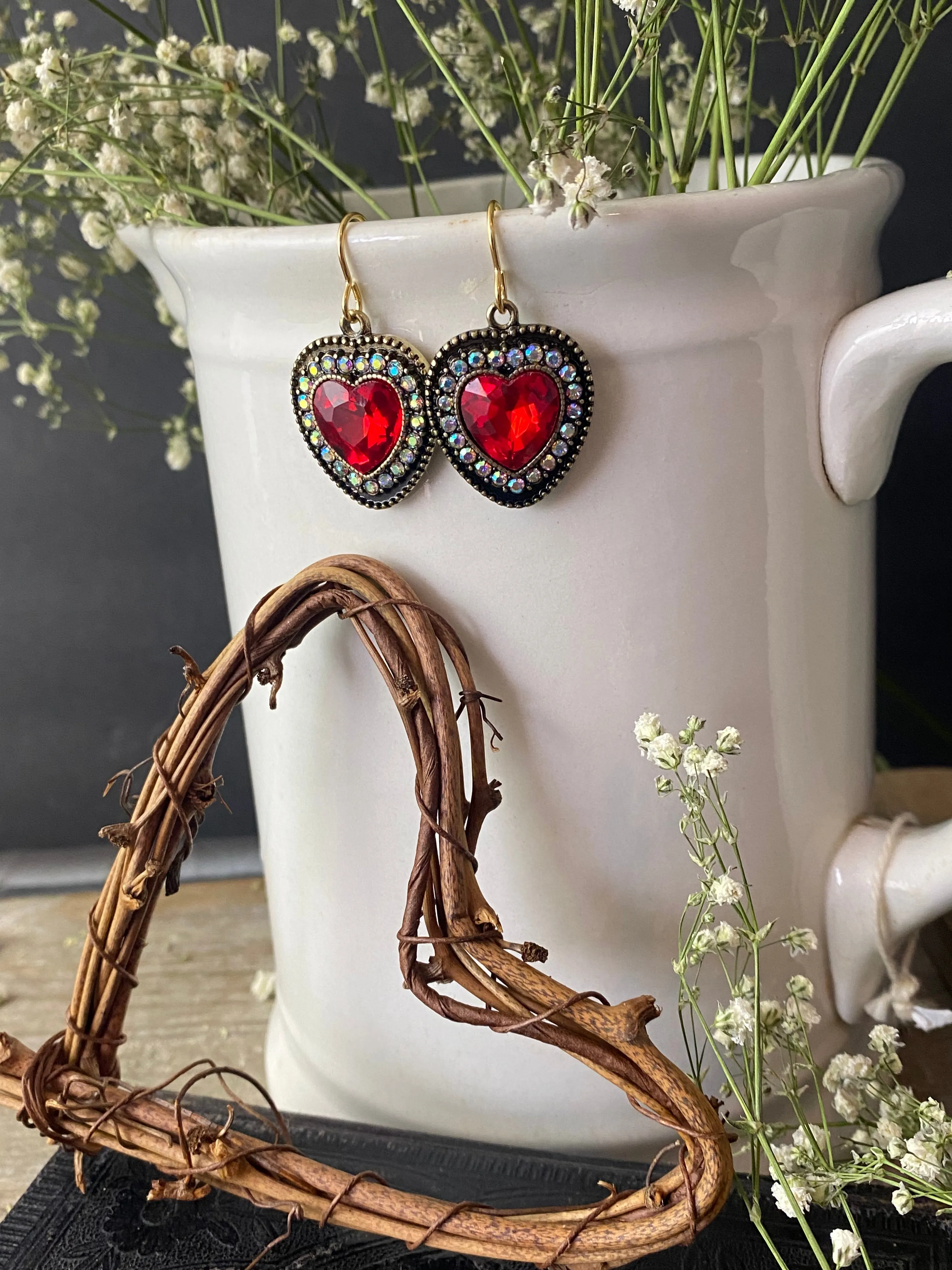 Red heart crystals, valentine’s Day, bronze metal, earrings