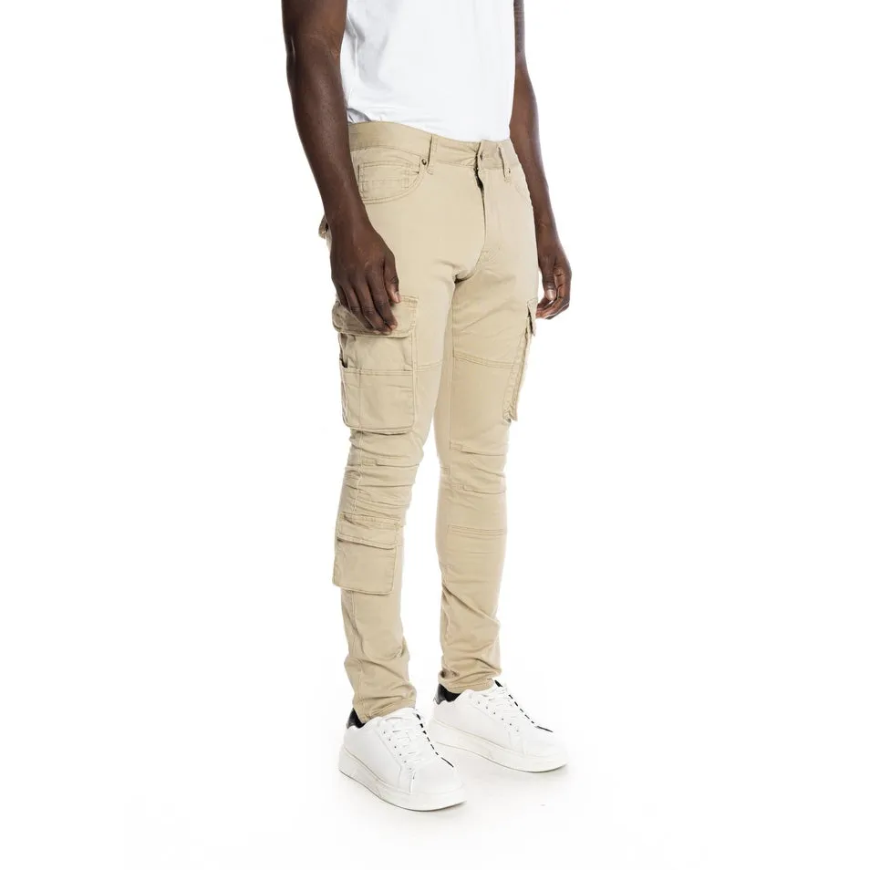 Slim Tapered Multipocket Cargo Twill Pants - Khaki