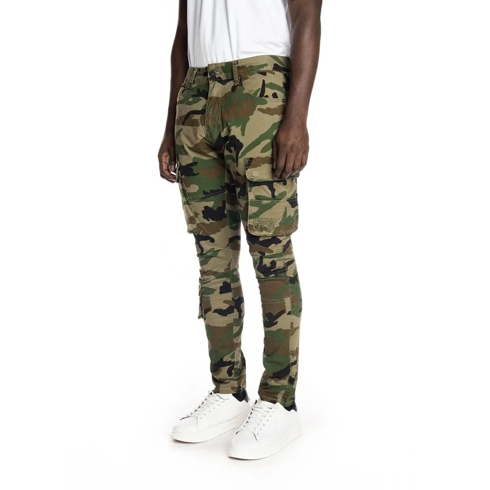 Slim Tapered Multipocket Cargo Twill Pants - Wood Camo