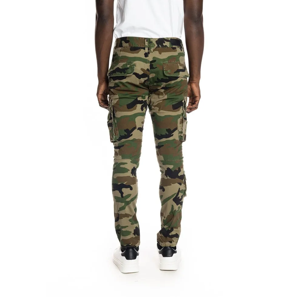 Slim Tapered Multipocket Cargo Twill Pants - Wood Camo