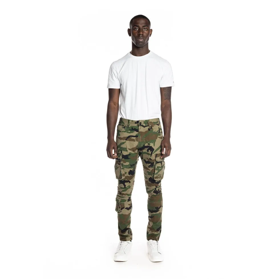 Slim Tapered Multipocket Cargo Twill Pants - Wood Camo