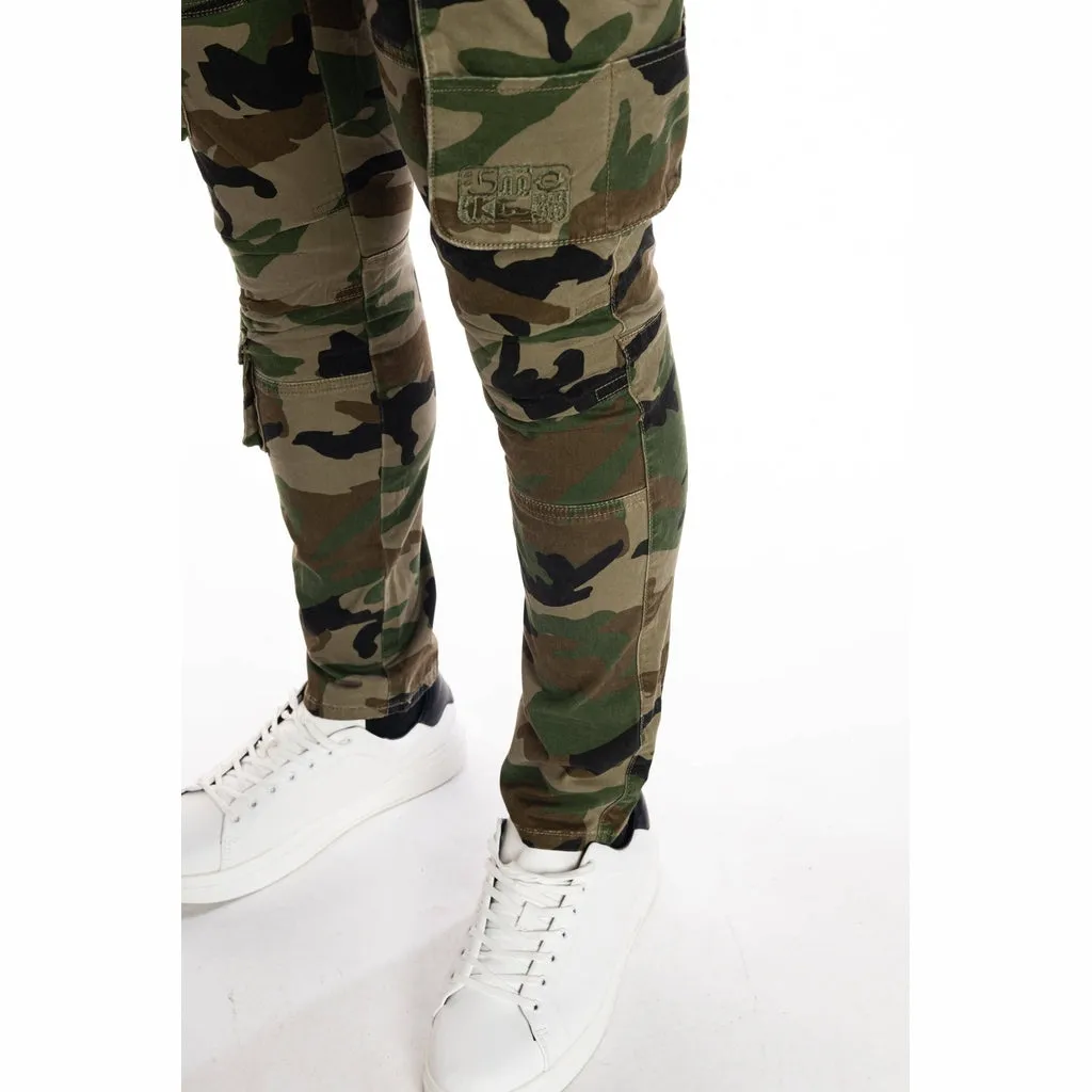 Slim Tapered Multipocket Cargo Twill Pants - Wood Camo