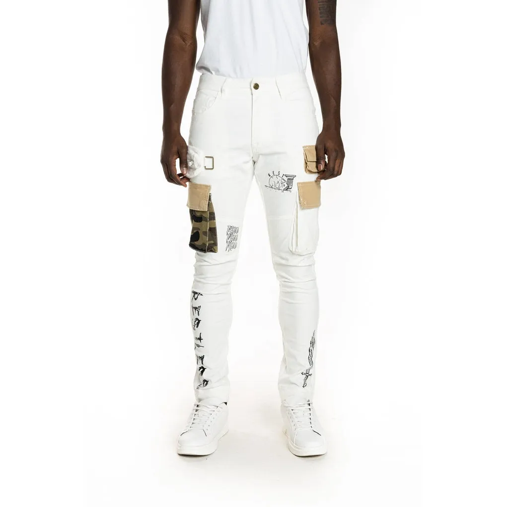 Slim Tapered Utility Fashion Cargo Twill Pants - Cream