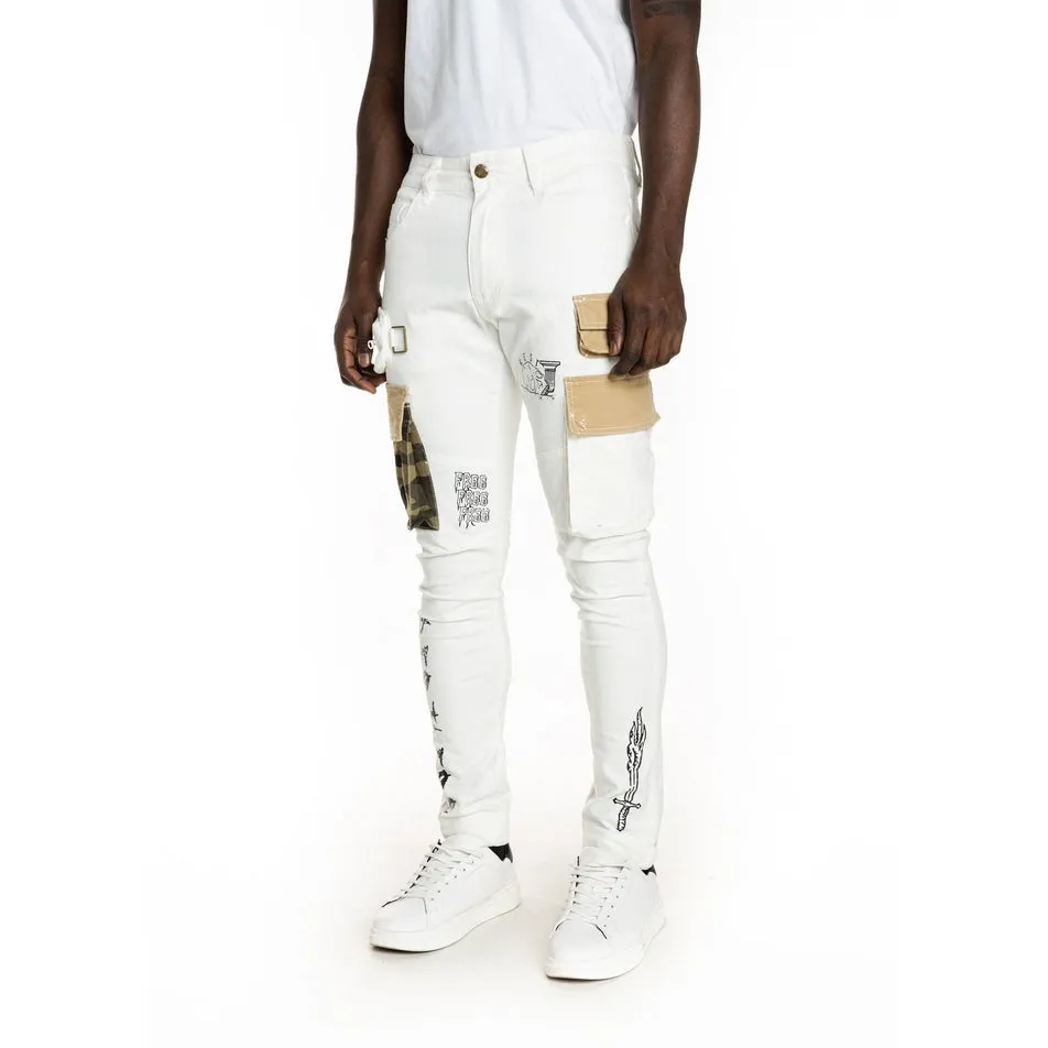 Slim Tapered Utility Fashion Cargo Twill Pants - Cream