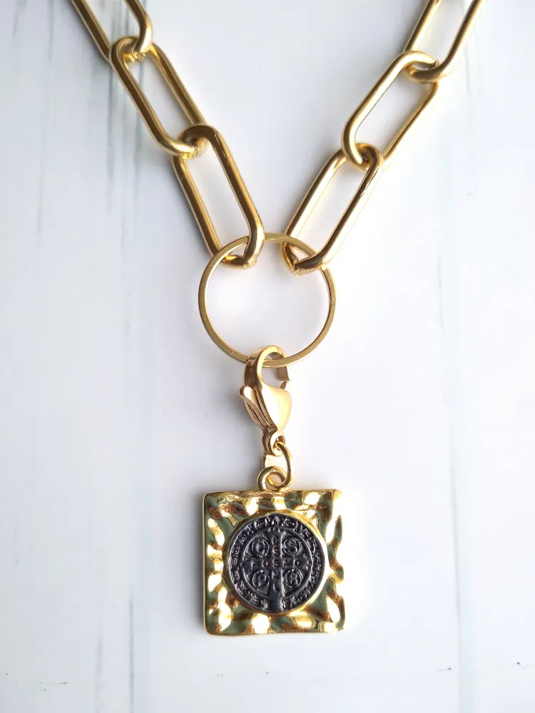 Square Black St. Benedict Medal Paperclip Necklace