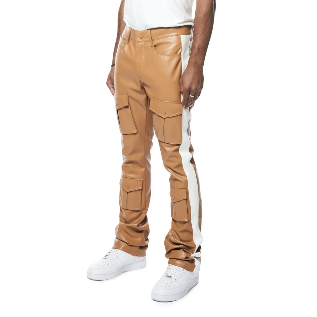 Stacked Striped Vegan Leather Cargo Pants - Tan