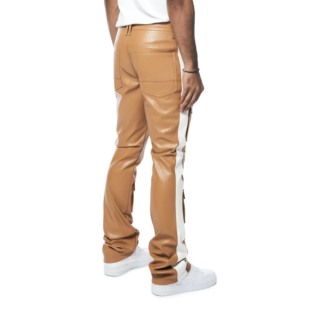 Stacked Striped Vegan Leather Cargo Pants - Tan