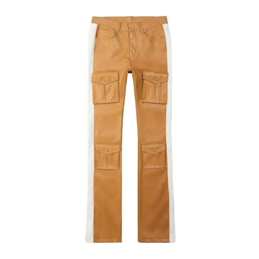 Stacked Striped Vegan Leather Cargo Pants - Tan